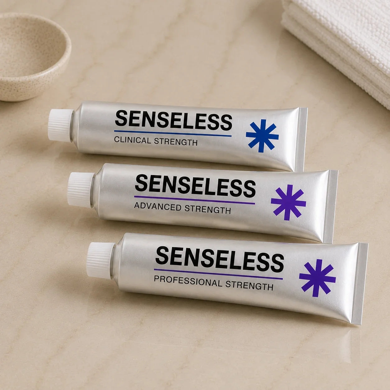 The Senseless range — Comfort Cream, Comfort Gel and Comfort Spray in three strengths
