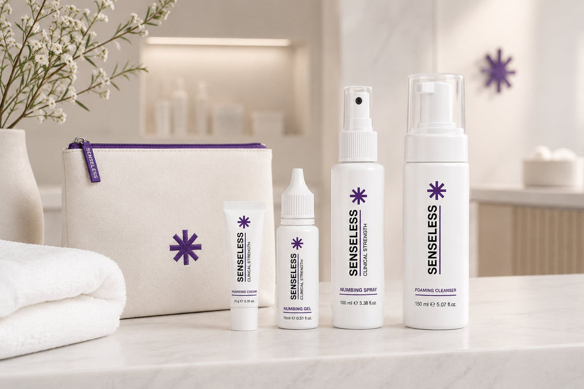 Senseless topical preparation range on a marble counter in a calm treatment setting