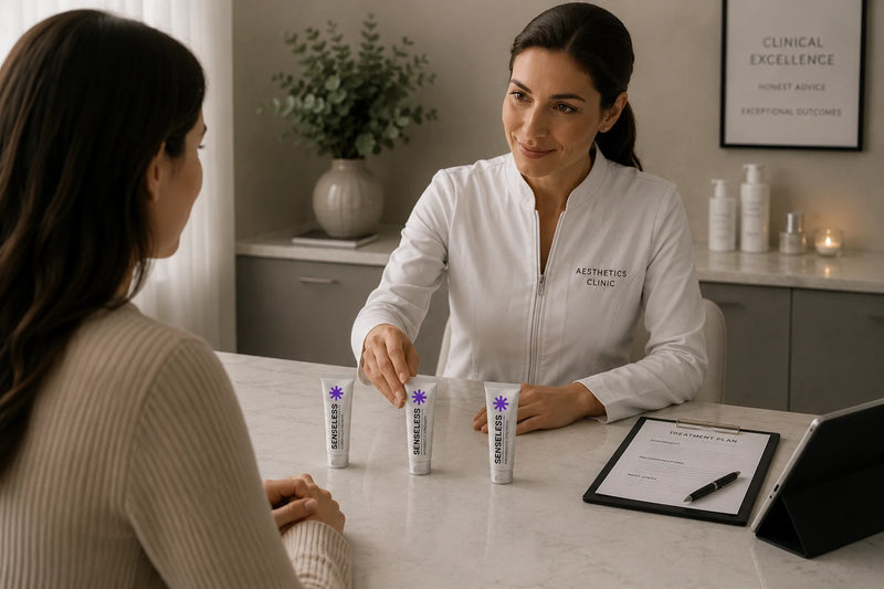 An aesthetics practitioner discussing Senseless products with a client
