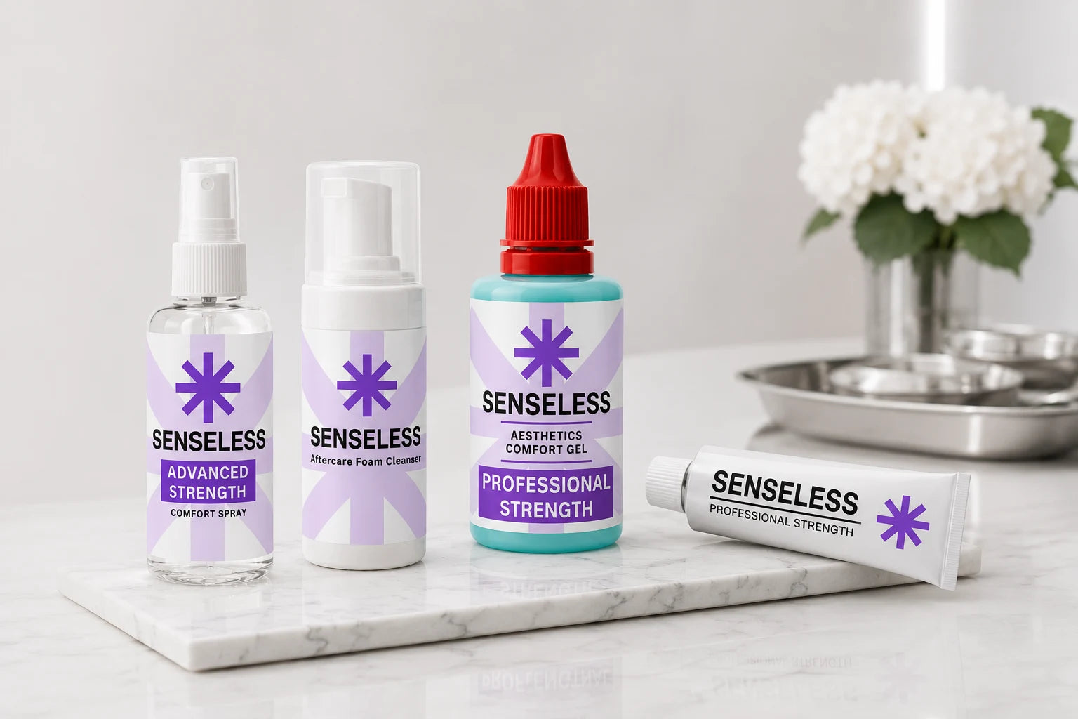 Senseless aesthetic range — Comfort Cream, Comfort Gel, Comfort Spray and Foam Cleanser on a marble surface