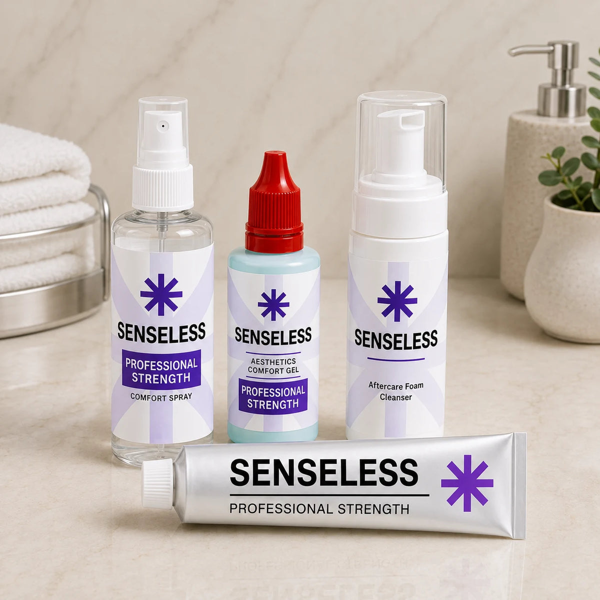 The Senseless professional range — Comfort Cream, Comfort Gel, Comfort Spray and Aftercare Foam Cleanser