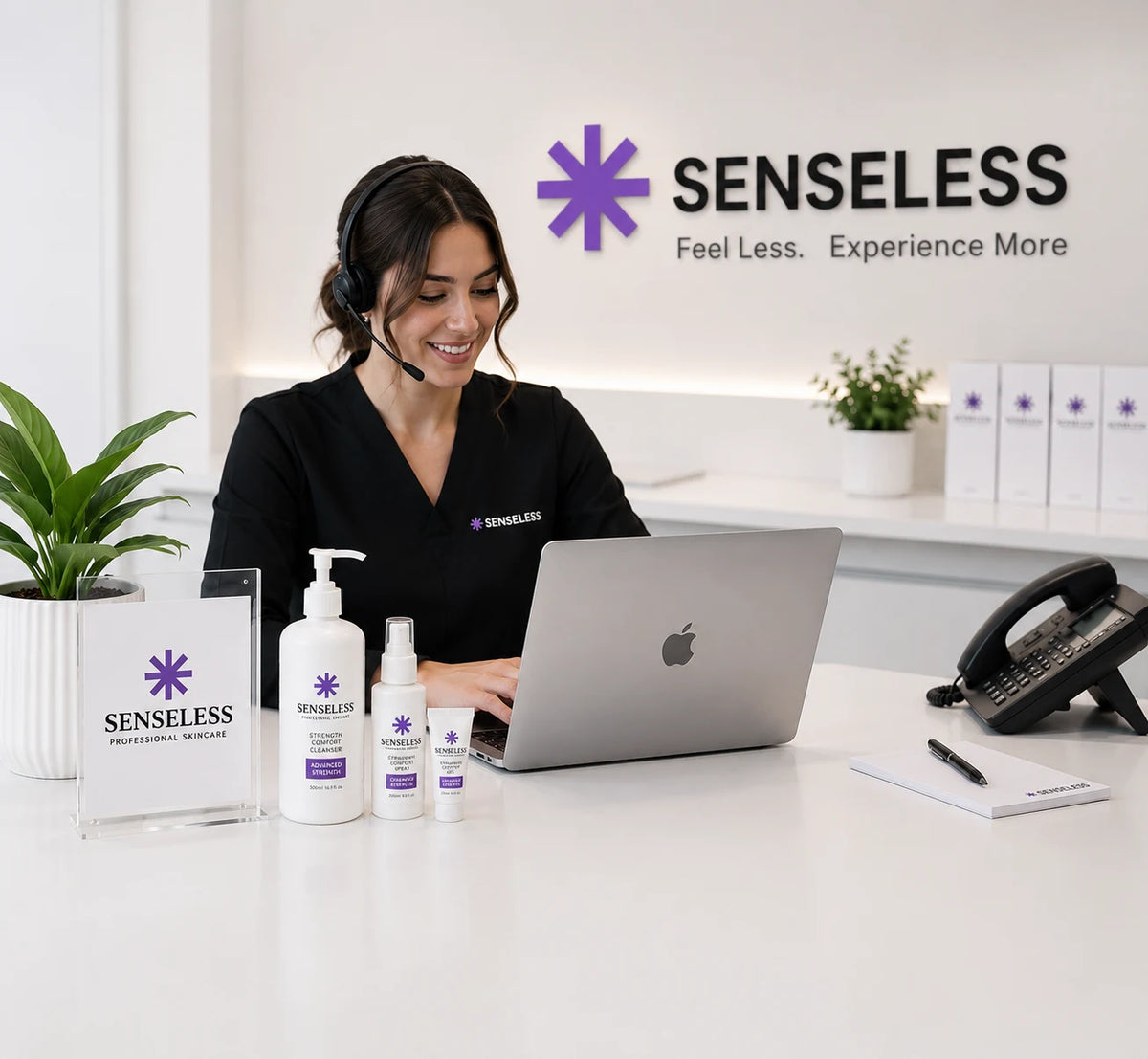 Senseless trade reception desk with the product range