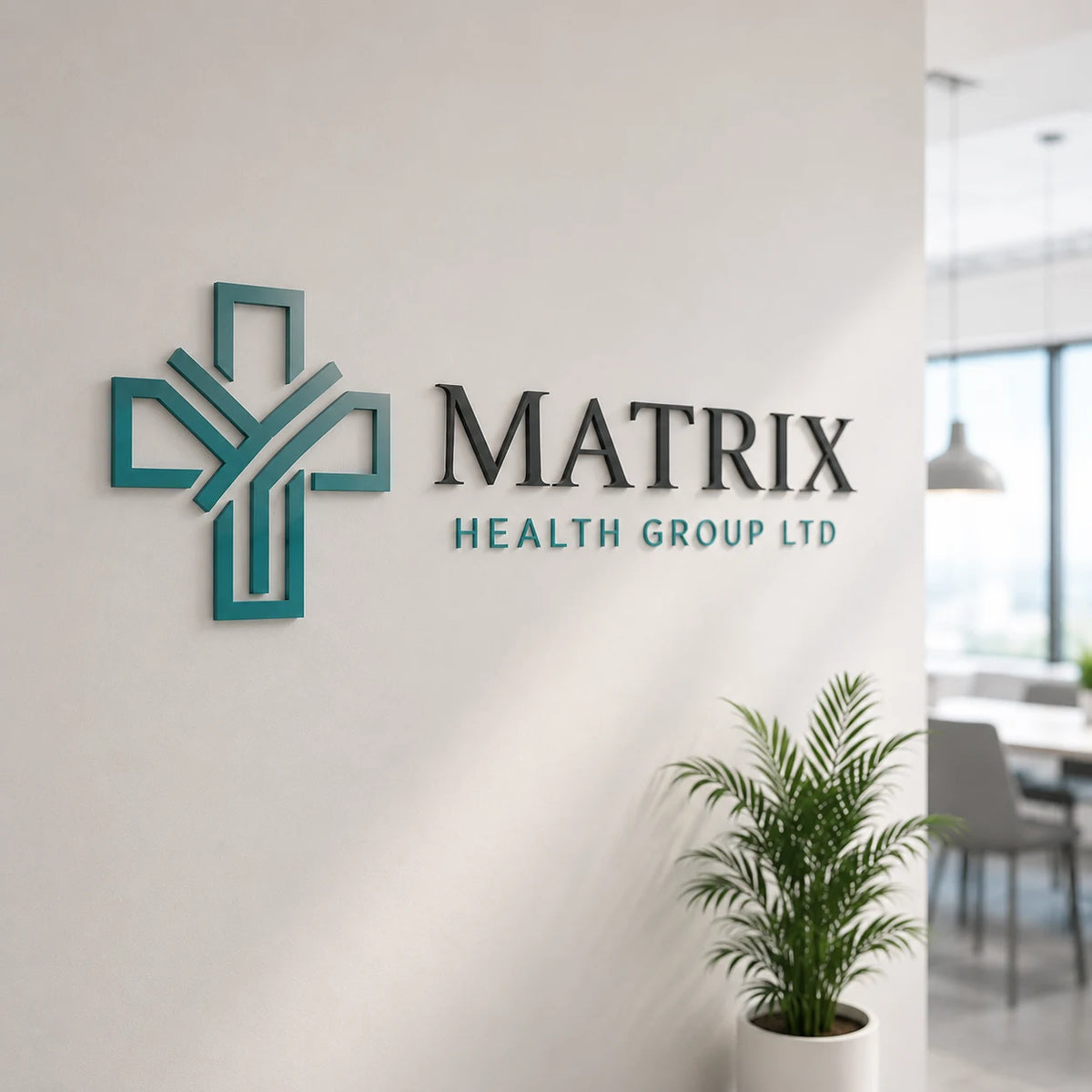 Matrix Health Group Ltd office wall with the company logo